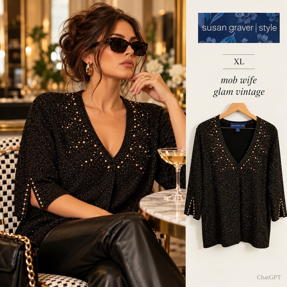 Susan Graver Cardigan Women XL Black Gold Metallic Shimmer Relaxed Holiday Glam